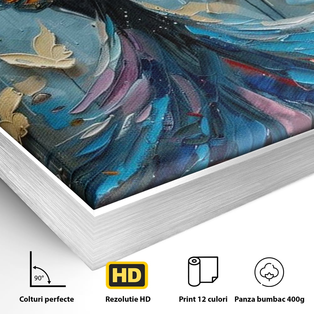 Detaliu al suprafetei: tablou canvas cu femeie si aripi de fluture, in rama de aluminiu argintiu